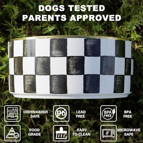 Ceramic Dog Bowls for Medium Dogs, 3.5 Cups Checkered Dog Food and Water Bowl with Acacia Wood Stand, Non-Slip Anti-Tip Elevated Feeding Station, Black and White - color: Black and White