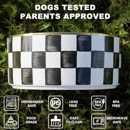 Ceramic Dog Bowls for Medium Dogs, 3.5 Cups Checkered Dog Food and Water Bowl with Acacia Wood Stand, Non-Slip Anti-Tip Elevated Feeding Station, Black and White - color: Black and White