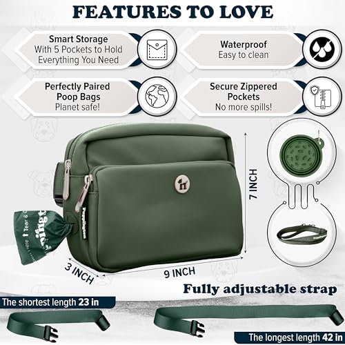 Puppington 3-in-1 Crossbody Dog Treat Pouch for Pet Training - Compostable Poop Bags, Built-In Poop Bag Dispenser, Slow-Feeding Travel Dog Bowl & Reflective Leash - Dog Walking Bag (Basil Green) - color: Basil Green