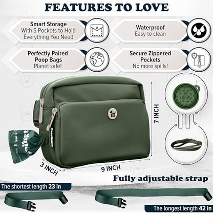 Puppington 3-in-1 Crossbody Dog Treat Pouch for Pet Training - Compostable Poop Bags, Built-In Poop Bag Dispenser, Slow-Feeding Travel Dog Bowl & Reflective Leash - Dog Walking Bag (Basil Green) - color: Basil Green