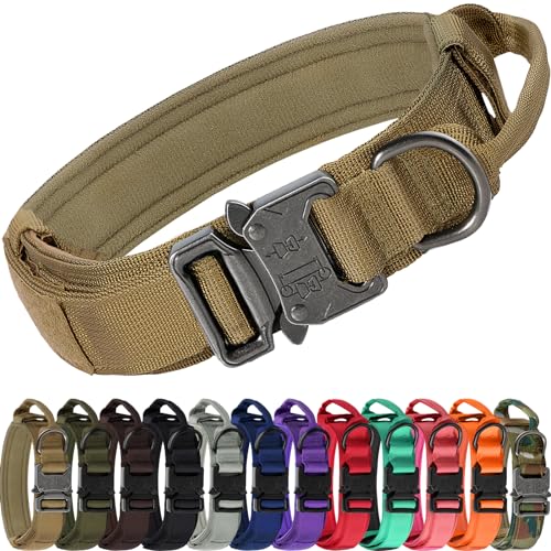 Joytale Tactical Dog Collar with Handle and Metal Buckle, Heavy Duty Padded Military Collar with 2 Patches for Training, Adjustable for Medium Dogs, Khaki, M - color: Khaki, size: M