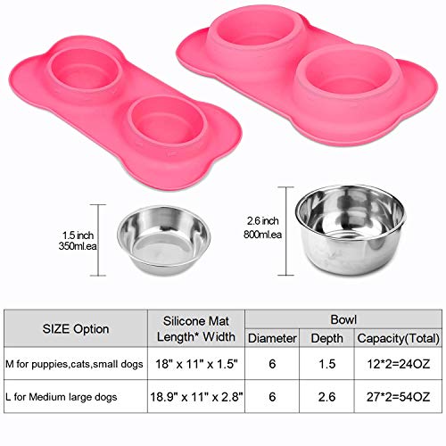 Dog Food Bowls Stainless Steel Pet Bowls & Dog Water Bowls with No-Spill and Non-Skid, Feeder Bowls with Dog Bowl Mat for Dogs Cats and Pets-Pink, 24 0z in Total - color: Pink, size: 1½ Cup/12 oz each