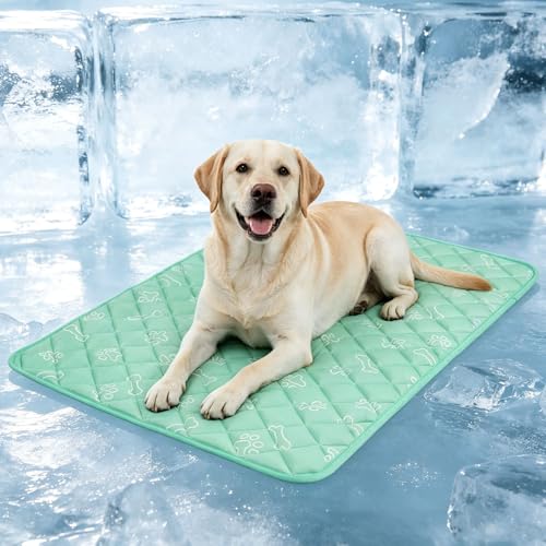 BEAUTYZOO Dog Cooling Mat for Large Dogs 35"x23" – Upgraded Thick Cooling Mat for Dogs with Chill Cool Fiber Q-Max>0.43 – Waterproof, Non-Slip, Washable Crate Cooling Pad for Summer & Indoor Outdoor - color: Aqua Blue Paw, size: Large 23" x 35" (1 Pack)