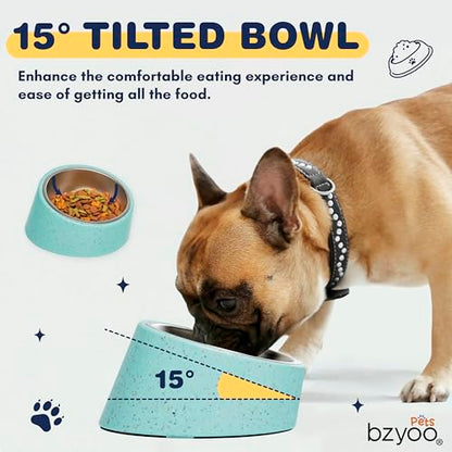 bzyoo 16oz Tilted Dog Bowl for Small Dogs & Cats, 15° Elevated Stainless Steel Pet Feeder, Ergonomic Anti-Vomiting Food Bowl for Frenchie, Pug, Persian Cat, Non-Skid Melamine Stand, Sprinkle (Green) - color: Green