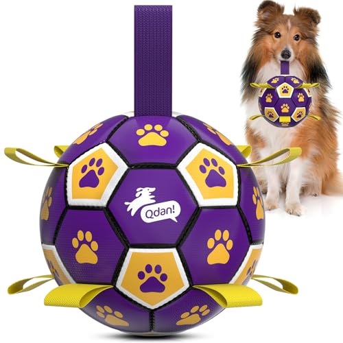 QDAN Dog Ropes Toys, Soccer Ball with Straps, Interactive Dog Toys for Tug of War, Dog Water Toy, Durable Balls for Medium Large Dogs（8 Inch） - color: Purple Yellow, size: 8 Inch