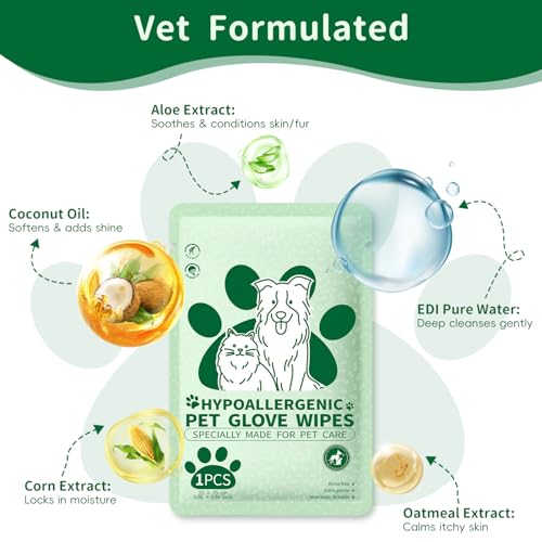 GLADFRESIT Pet Grooming Glove Wipes for Dogs & Cats, Hypoallergenic Deodorizing Cleansing Wipes with Coconut Oil & Botanical Extracts, Daily & Outdoor Care, 60g Portable and Lightweight (6 Pcs) - size: 6 PCS