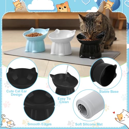 3 Pcs Elevated Cat Bowls 15°Raised Cat Food Bowl with Silicone Mat Whisker Friendly Anti Vomiting Cats Dishes Pet Food and Water Bowls for Indoor Cats Kittens, Blue, Black, White - color: Blue, Black, White