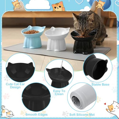 3 Pcs Elevated Cat Bowls 15°Raised Cat Food Bowl with Silicone Mat Whisker Friendly Anti Vomiting Cats Dishes Pet Food and Water Bowls for Indoor Cats Kittens, Blue, Black, White - color: Blue, Black, White