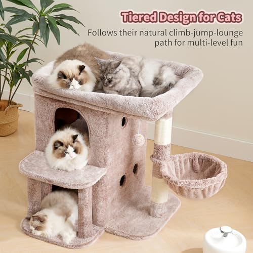 Heybly Cat Tree, 25.6-inch Cat Tower with Spacious Top Perch for Large Cats, Stair-Style Cat House Furniture with Dual-Layer Condos, Sisal Scratching Posts, Cozy Basket & Pompom, Muchroom HCT204SMU - color: Muchroom, size: 25.6 inch