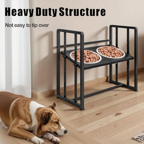 Elevated Dog Bowls 4 Height Adjustable Metal Pet Food Feeder Stand with 2 Stainless Steel Bowl Raised Dogs Feeding Station with Non-Slip Mats Black (Black, Without Feeding Mat) - color: Black, size: 17.91x11.02x17.05in