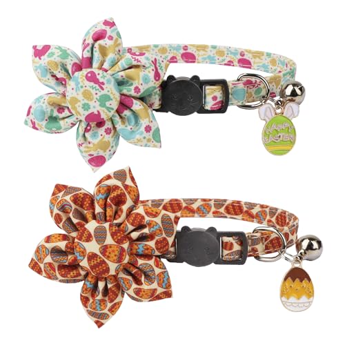 ADOGGYGO Easter Cat Collars with Removable Flower Bell, Adjustable Rabbit Easter Eggs Pattern Cat Floral Collars for Cats Kittens - color: Easter