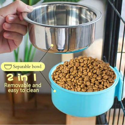 Hamiledyi 2-Pack Hanging Dog Bowls with Removable Stainless Steel Feeder - Spill-Proof Crate Bowls for Kennel/Cage, Puppy to Medium Dogs, Cats, Rabbits & Guinea Pigs (Durable Pet Food & Water Dishes) - color: A：Blue+Green