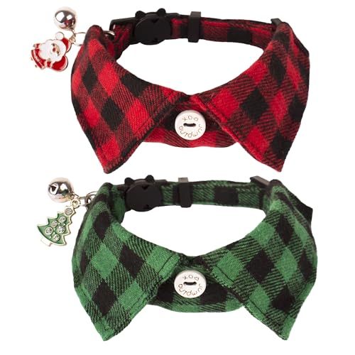 ADOGGYGO Christmas Cat Collars Breakaway with Bow Tie Bell, 2 Pack Red Green Plaid Xmas Kitten Collar with Removable Shirt Collar, Plaid Christmas Collars for Cats Kittens - color: Red&Green-3
