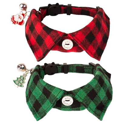 ADOGGYGO Christmas Cat Collars Breakaway with Bow Tie Bell, 2 Pack Red Green Plaid Xmas Kitten Collar with Removable Shirt Collar, Plaid Christmas Collars for Cats Kittens - color: Red&Green-3