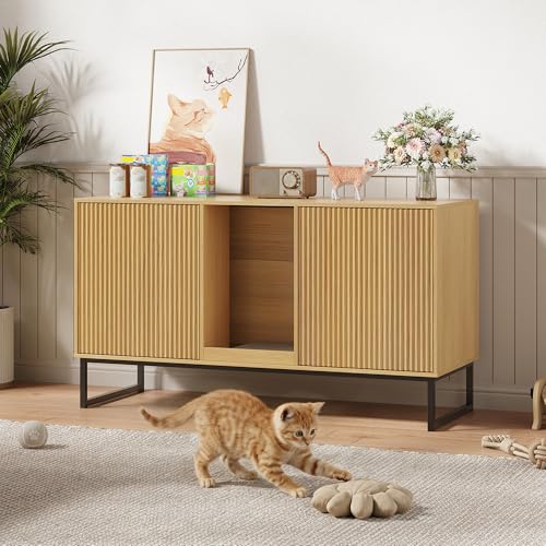 Kitty Litter Box Enclosure for 2 Cats, Small Hidden Cat Litter Box Furniture with Scratch Pad, Modern Fluted Double Litterbox Cabinet TV Stand for Kittens, Natural - color: Natural, size: 47.2”L x 17.7”W x 25.9”H