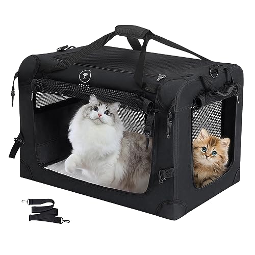 PEGIC Extra Large Cat Carrier for Car Travel, Soft Sided Collapsible Pet Carrier for Outdoor and Indoor Uses, Roomy Cat Carrier for 2 Kittens, Large Cat or Puppies up to 50lbs (Black) - color: Black