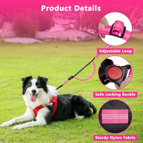 Hands Free Dog Leash with Zipper Pouch, Running Waist Leash for Dog Walking, Adjustable Waist Belt for Large Dogs, Reflective Bungee Design with Two Handle for Hiking, Training, Hot Pink - color: Hot Pink