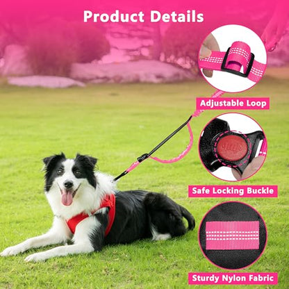 Hands Free Dog Leash with Zipper Pouch, Running Waist Leash for Dog Walking, Adjustable Waist Belt for Large Dogs, Reflective Bungee Design with Two Handle for Hiking, Training, Hot Pink - color: Hot Pink