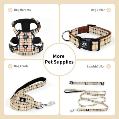 Dog Collar and Leash Set,Soft Neoprene Pet Collar with Quick Release Buckle,Adjustable Nylon Dog Collars for Small Medium Large Dogs(Large,Cherecked Beige) - color: Checkered Beige, size: Large