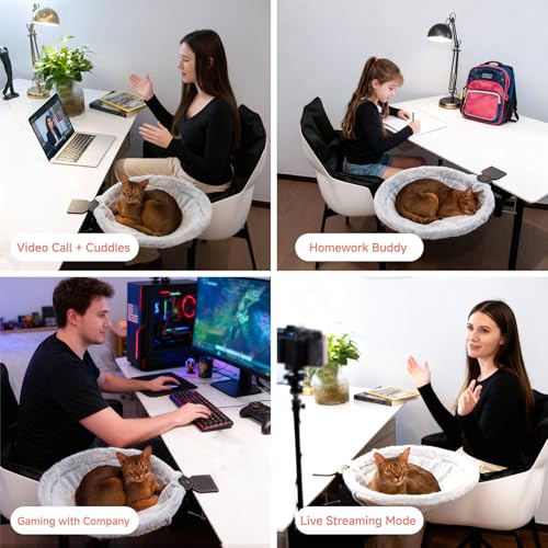 Round Cat Desk Bed, Space-Saving Elevated Pet Hammock for 40lbs Cats & Kittens, All-Season Office Workspace Cat Bed, Sturdy Desk-Mounted Seat with Washable Breathable Fabric, 360 View - color: Flannel-Gray