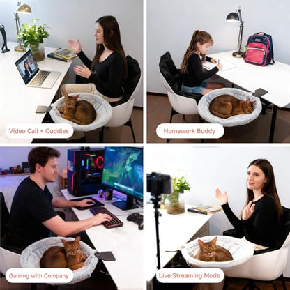 Round Cat Desk Bed, Space-Saving Elevated Pet Hammock for 40lbs Cats & Kittens, All-Season Office Workspace Cat Bed, Sturdy Desk-Mounted Seat with Washable Breathable Fabric, 360 View - color: Flannel-Gray