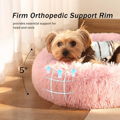 Calming Donut Dog Bed for Small to Medium Dogs & Cats - Plush Faux Fur Anti-Anxiety Pet Bed with Machine Washable Cover & Non-Slip Base - color: Light Pink, size: X-Small 15.7''