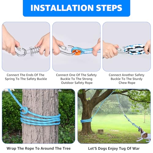 LOOBANI Spring Pole Toy for Pitbull: Bungee Tug of War Toys for Small Large Aggressive Chewers Dogs to Exercise & Muscle Building & Bite Training,Outdoor Heavy Duty Bungee Solo Tree Tugger Hanging Toy - color: Blue+White
