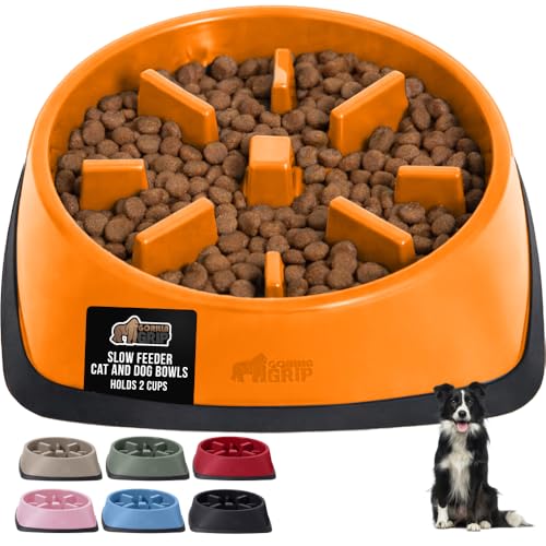 GORILLA GRIP® Patented BPA Free Slow Feeder Dog Bowls, Interactive Puzzle Toy for Dogs and Cats Food Training Enrichment, Keeps Pets Busy and Prevents Puppy Overeating, All Breeds, 2 Cup, Orange - color: Orange, size: 2 Cup