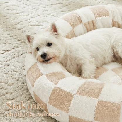 Ohocut Checkered Dog Bed, Cute Beige Khaki Retro Style Aesthetic Round Warming Pet Calming Beds for Small Dog and Cats, Plush Cozy Donut Dog Beds Washable, 30" L x 30" W x 8" Th - color: Beige, size: 30"L x 30"W x 8"Th