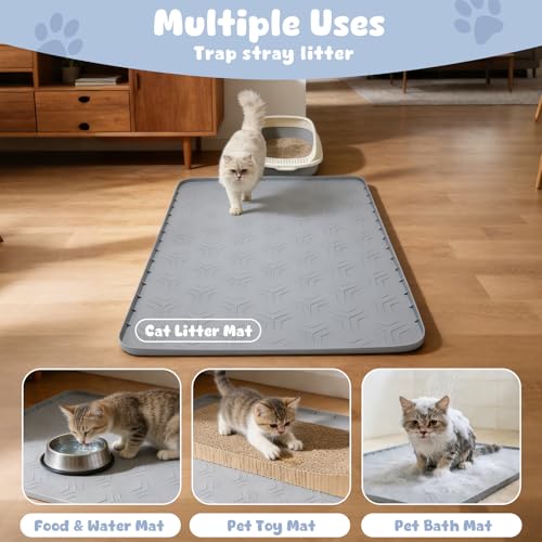 JUJOMAT Cat Litter Box Mat, 34"×22" Large Silicone Cat Litter Trapping Mat Non-Slip Gray Kitty Litter Mat for Indoor Cats, Waterproof Pet Food Mats Easy to Clean & Soft on Kitty Paws - size: 34"L x 22"W