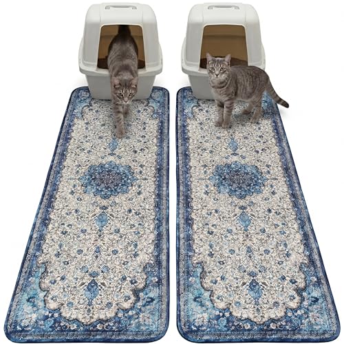 Hompet Cat Litter Mat 2 Pack,18x54 Large Machine Washable Trapping Mats for Cats, Super Absorbent & Urine-Proof Cat Litter Box Mat for Floor, Waterproof & Non Slip Kitty Litter Rug - color: Blue, size: 18x54 Inch (Pack of 2)