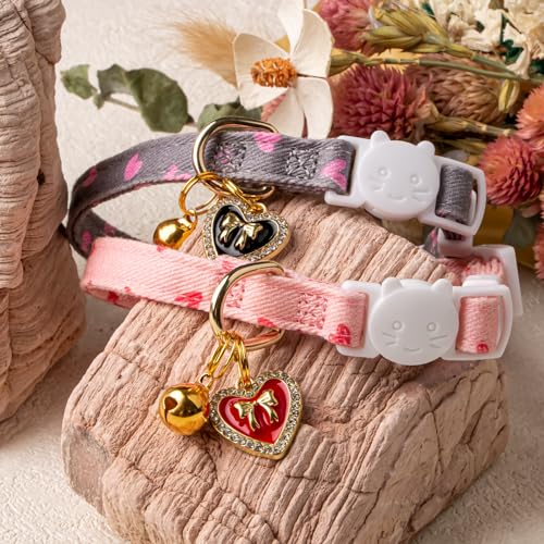 2 Pack Cotton Breakaway Cat Collar Pink and Gray Heart Shaped Pendant Cute Kitten Cat Collar with Bell - color: Pink&Gray