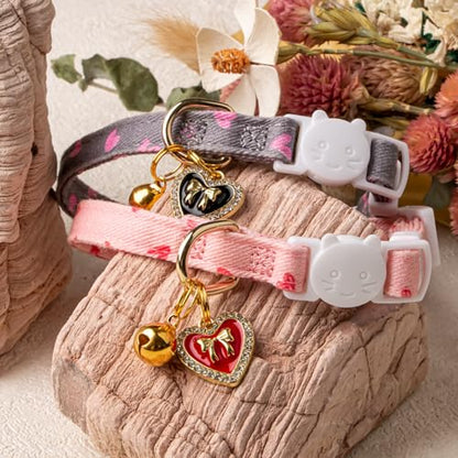 2 Pack Cotton Breakaway Cat Collar Pink and Gray Heart Shaped Pendant Cute Kitten Cat Collar with Bell - color: Pink&Gray