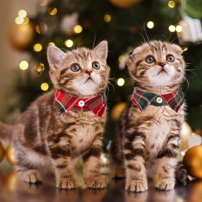 ADOGGYGO Christmas Cat Collars Breakaway with Bow Bell, 2 Pack Stylish Red Green Plaid Xmas Kitten Collar with Removable Shirt Collar, Plaid Christmas Collars for Cats Kittens - color: Christmas-3