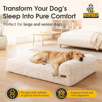 KOPEKS Orthopedic Memory Foam Dog Bed 7" Inch Thick Extra Large Dog Bed with Pillow Fluffy Brown 50"x34"x10" Includes Waterproof Liner & Durable Removable Cover with Smart Design - color: Brown (Light) - Fluffy