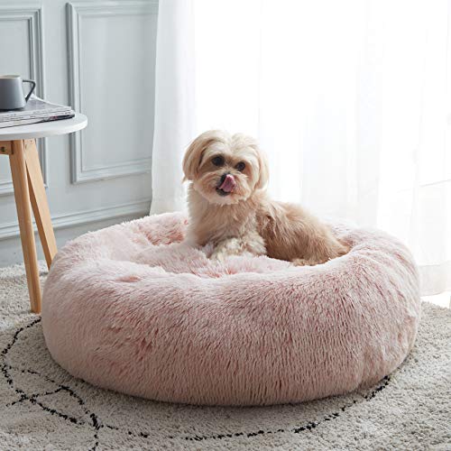 WESTERN HOME WH Calming Dog & Cat Bed, Anti-Anxiety Donut Cuddler Warming Cozy Soft Round Bed, Fluffy Faux Fur Plush Cushion Bed for Small Medium Dogs and Cats (20"/24"/27"/30") - color: Pink, size: 20.0"L x 20.0"W x 6.0"Th