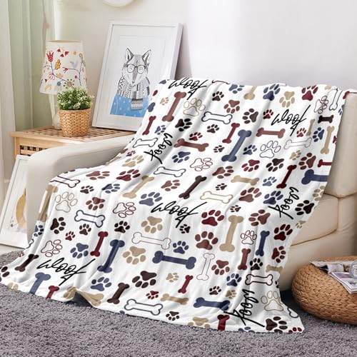 Tupmnbry Dog Throw Blanket Dog Paw Bones Print Blankets Super Soft Flannel Fleece Blanket Lightweight Fluffy Plush Bed Blanket for Bedding Sofa and Travel 60"X80" - color: Dog Paw Bones, size: 60"X80"