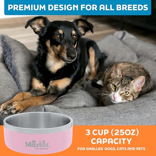 Master Pet Supply Stainless Steel Dog Bowls - 25 oz, Heavy Duty - Rose Quartz, Double Wall Extra-Thick Insulated, Non-Slip Pet Water Bowl for Dogs, Cats & Pets, Anti Rust Metal, Dish Washer Safe - color: Rose Quartz, size: 3 Cups (25 oz)