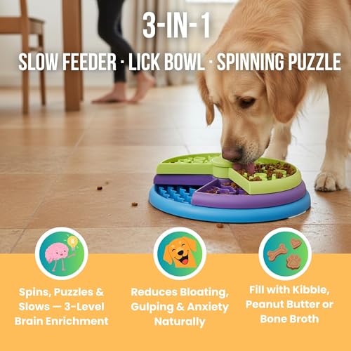 Slow Feeder Dog Bowl – 3-Level Puzzle Feeder for Large, Medium & Small Dogs | Spinning Lick Bowl for Liquid Treats, Peanut Butter & Wet Food | BPA-Free Dog Enrichment Bowl