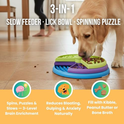 Slow Feeder Dog Bowl – 3-Level Puzzle Feeder for Large, Medium & Small Dogs | Spinning Lick Bowl for Liquid Treats, Peanut Butter & Wet Food | BPA-Free Dog Enrichment Bowl