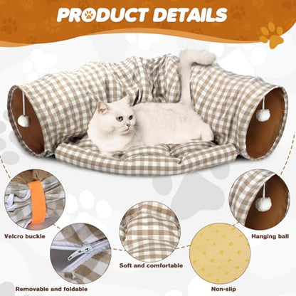 Spardar Bunny Tunnel Bed, 2-in-1 Collapsible Tunnel Tubes Toys, Washable, with Removable Mat Hideout, Interactive Toys for Rabbits Chinchilla Hedgehog Guinea Pigs Kitty, Checkered - color: Checkered