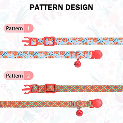 Breakaway Cat Collars for Girl Boy Cats, Fall Winter All Weather Cat Collar Personalized Pattern 2 Pack,Cute Classic Safety Buckles and Bells,Adjustable Printed Nylon Colorful Red - color: Floral Cluster