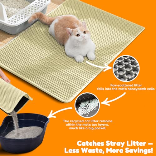 Waterproof Cat Litter Mat - New 24x16 Inch Honeycomb Double Layer Traps Litter, Waterproof & Non-Slip Floor Protector, Easy Clean, Odor-Free, Cream - color: Cream