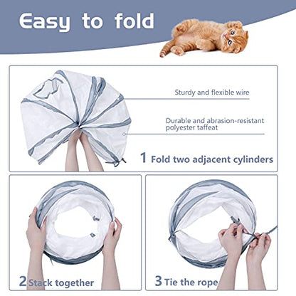 Sheldamy Cat Tunnel, S-2-Way Cat Tunnels for Indoor Cats, Collapsible Cat Play Tunnel, Interactive Toy Maze Cat House with 1 Play Ball for Cats, Puppy, Kitty, Kitten, Rabbit (White & Gray) - color: S-2 Way White & Grey