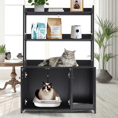 Garvee Cat Litter Box Enclosure with Shelves, 52'' Large Hidden Cats Furniture for Most Litter Box, Wood Enclosed Dog Proof Cat Kitty Cabinet with Scratch Mat Black - color: Black-1