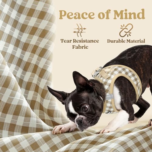 rabbitgoo Small Dog Harness, Step-in Soft Mesh Puppy Vest with Safety Buckle, Breathable Reflective Pet Harness for Small Medium Dogs, Beige Plaid L - color: Beige Plaid, size: L(chest:18.2"-20.5")