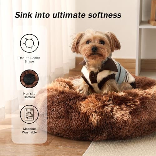 Calming Donut Dog Bed for Small to Medium Dogs & Cats - Plush Faux Fur Anti-Anxiety Pet Bed with Machine Washable Cover & Non-Slip Base - color: Bandhnu Dark coffe, size: X-Small 15.7''