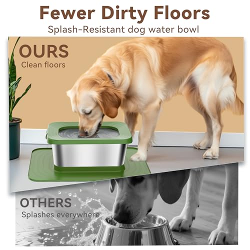 10L No Spill Dog Water Bowl, 2.6 Gal Stainless Steel No Splash Large Dog Water Bowl with Non-Slip Silicone Mat, Spill Proof Slow Drinking Pet Bowls for Messy Drinkers Indoor/Outdoor Use - color: Dark Green