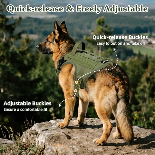VavoPaw Heavy Duty Tactical Dog Harness for Large Dogs, No Pull Adjustable Pet Harness Reflective Service Training Easy Control Pet Vest Military K9 Working Dog Harnesses, Army Green, L