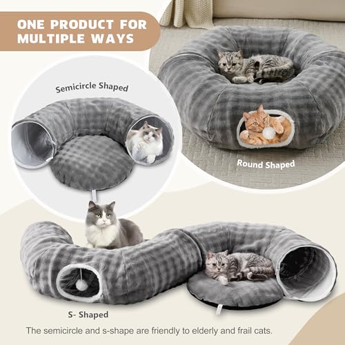 Bubble Cat Tunnel for Indoor Cats, Round Peekaboo Cave Toy with Dangling Balls, Donut Tunnel Bed with Circle Mat for Puppy Kitten Rabbit, Grey - color: Grey